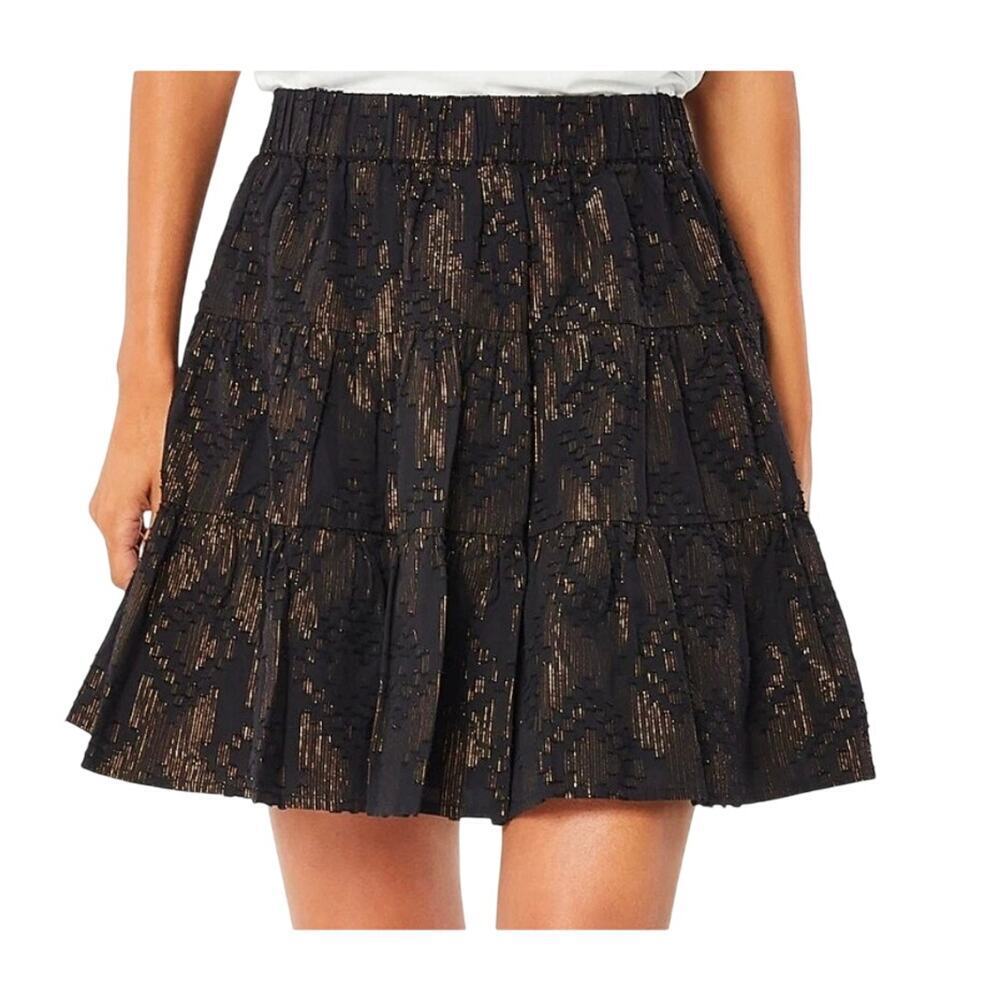 Nwt Roller Rabbit Ashton Lurex Skirt Cotton Pleated Tiered Black & Gold Size S